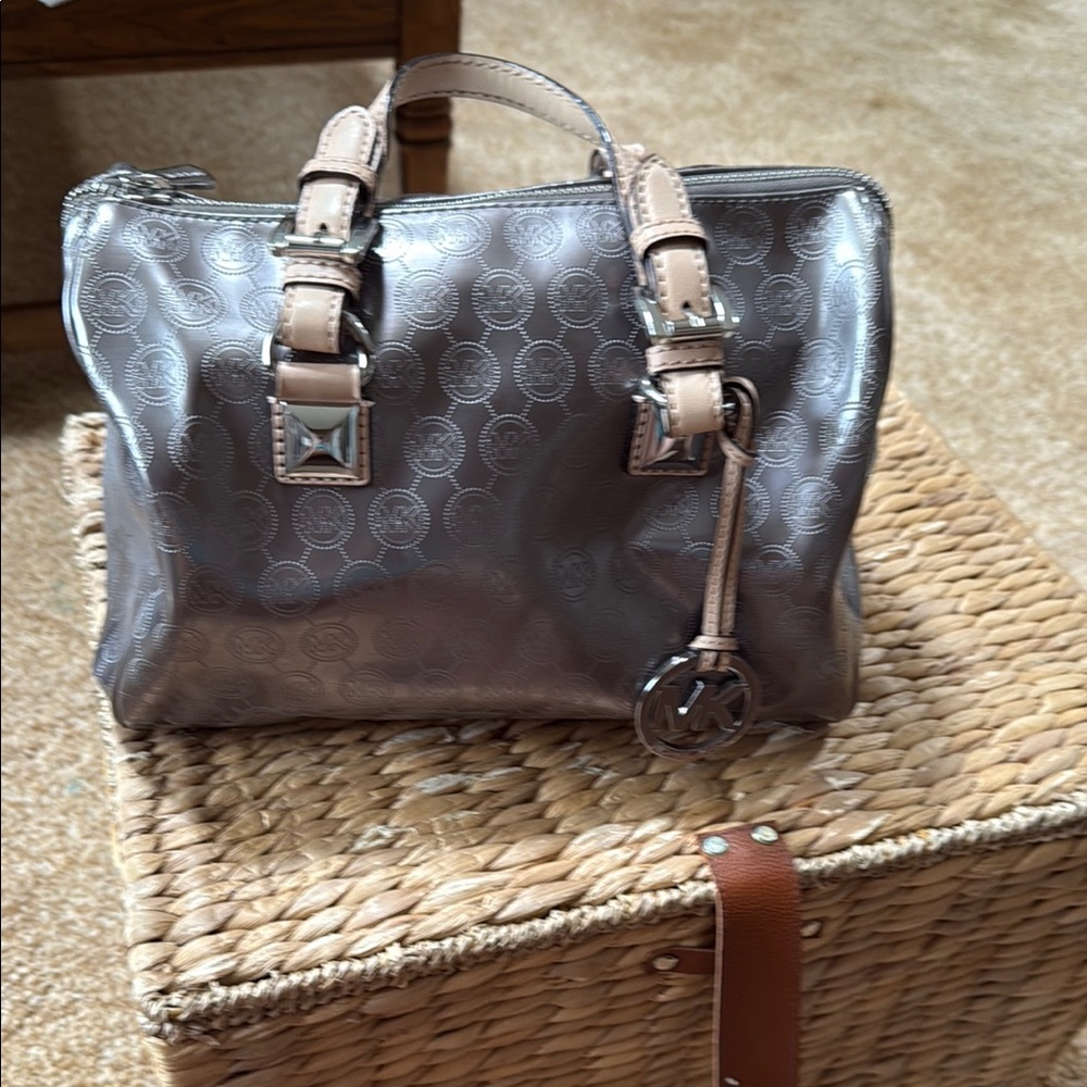 Michael Kors Silver and Tan Satchel Bag